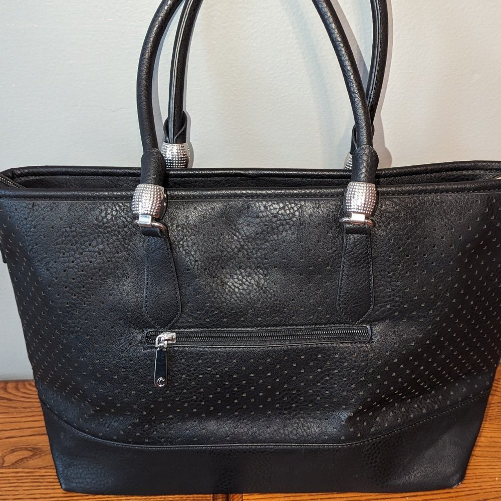 Black Perforated Design Carryall Shoulder Tote Bag